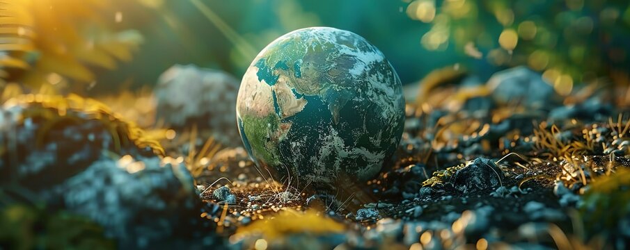 Symbolic image of the globe with elements of human activity and nature. Environment, save clean planet, ecology concept. Saving nature for future generations