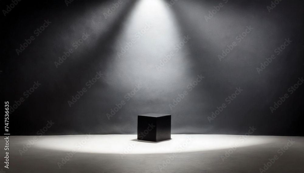 Poster highlight your text mockups or products in a spotlight within an empty black room with dark walls.