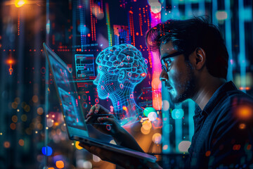 Businessman using computer with AI. Online bidding using artificial intelligence or AI system. Businessman working on digital interface