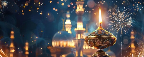 ramadan kareem eid mubarak royal elegant lamp with mosque holy gate with fireworks. - obrazy, fototapety, plakaty