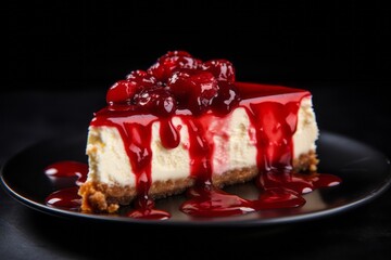 Close-up view photography of a tasty cheesecake on a plastic tray against a velvet background. AI Generation