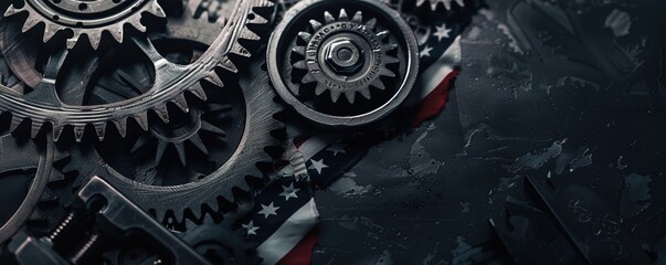 Construction and manufacturing tools with patriotic US, USA, American flag on dark black background - obrazy, fototapety, plakaty