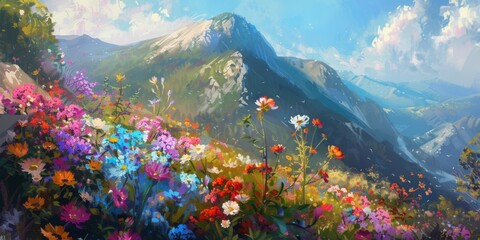 a painting of colorful wild flowers on a mountain in the style of panorama Generative AI - obrazy, fototapety, plakaty