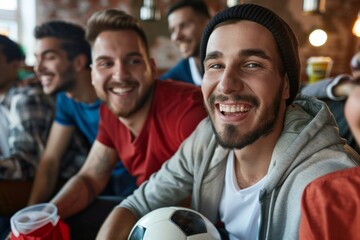 A cheerful group of male friends holding a soccer ball, smiling, watching a game in a vibrant setting