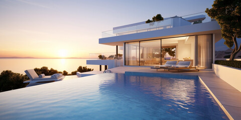 Fototapeta premium A white building house in the shore sea view, Modern luxury home with swimming pool, Modern luxury villa with pool and garden at blue hour generative ai