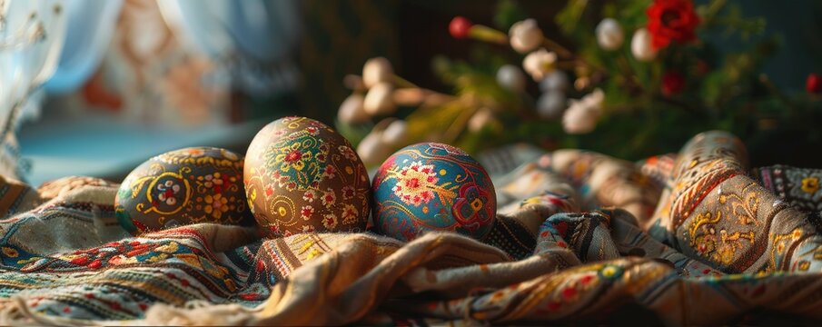 Easter still life with Pysanka on traditional Ukrainian cloth. Decorated Easter eggs, traditional for Eastern Europe culture