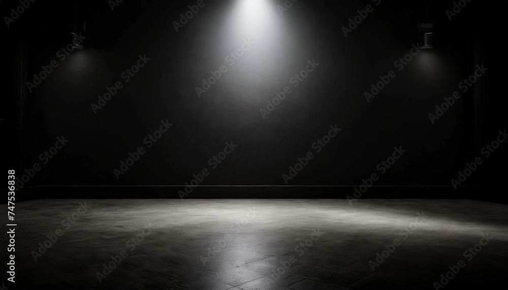 Poster experience the allure of an empty room with black walls and a spotlight, creating a dramatic setting