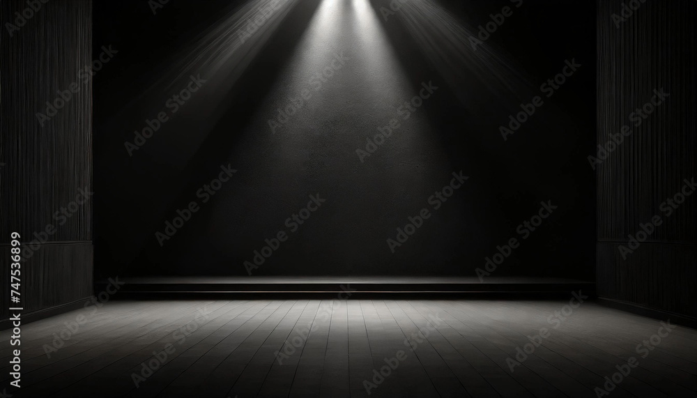 Poster an intriguing empty room with black walls and a spotlight, perfect for highlighting text mockups or 