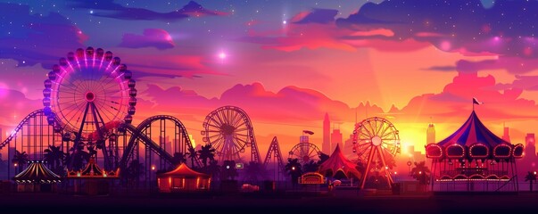 Vector background of amusement park. Poster design invitation of the carnival funfair and amusement with sunset. Ferris wheel, roller coaster and carousel festive parks attractions. - obrazy, fototapety, plakaty