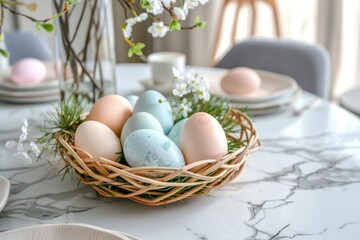 An elegant table setting showcasing a delicate Easter egg centerpiece surrounded by a serene decor