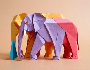 Origami elephant made of colored paper. Three-dimensional figurine