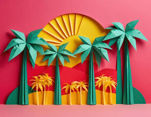 Origami oasis with palm trees made of colored paper. Three-dimensional figurine