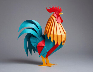 Origami rooster made of colored paper. Three-dimensional figurine