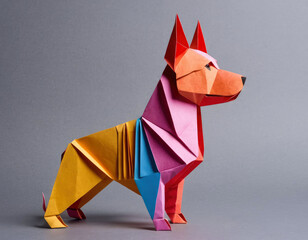 Origami dog made of colored paper. Three-dimensional figurine