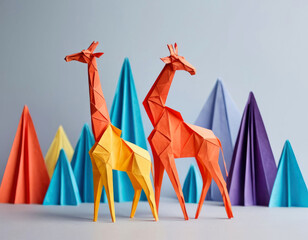 Origami giraffe made of colored paper. Three-dimensional figurine