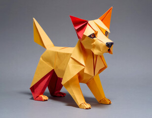 Origami dog made of colored paper. Three-dimensional figurine