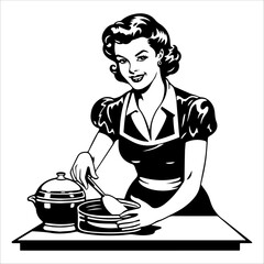 Retro Young Woman With Fresh Baked Pies - Retro Clipart Illustration.