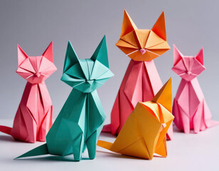 Origami cat made of colored paper. Three-dimensional figurine