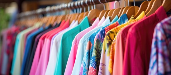 A variety of bright and colorful cotton shirts are hanging neatly on a clothing rack in a boutique shop. The shirts showcase a range of vibrant hues and patterns, - obrazy, fototapety, plakaty