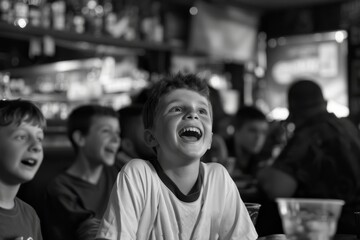 A black and white image of a young boy laughing joyfully while watching a game, expressing pure happiness
