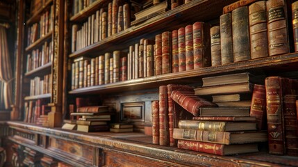 An intricately detailed 3D rendering of library bookshelves filled with ancient tomes