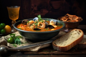 Highly detailed close-up photography of a tempting bouillabaisse on a wooden board against a vintage wallpaper background. AI Generation