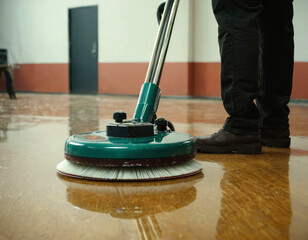 Worker polishing hard floor with high speed polishing machine while other cleaner cleans rhe table in the background