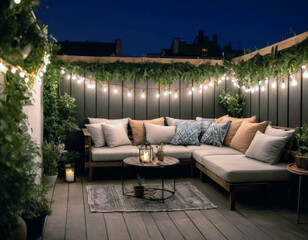 A cozy outdoor roof terrace with a sofa and coffee table is decorated with garlands and lamps.