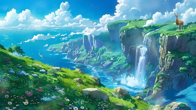 anime scenery of a waterfall and a cliff with a blue sky