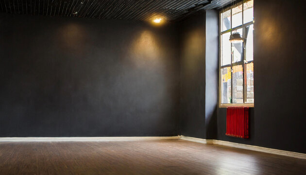 An empty room with a black wall and text words. Perfect for your creative ideas or a mock-up picture.
