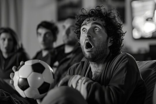 Monochrome image of a family enjoying a soccer game on the TV in their living room, showing excitement and togetherness