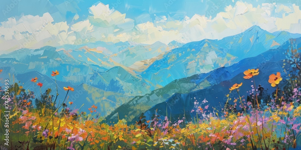 Poster a painting with mountains and flowers in the background in the style of colorful patchwork generativ