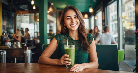 Beautiful smiling girl with a green smoothie sitting at a table in a cafe, healthy eating and diet.