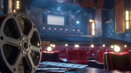 a theater with a clapperboard and film reels prominently displayed, evoking the essence of classic cinema - obrazy, fototapety, plakaty