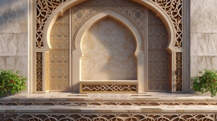 Fototapeta na wymiar Sunlight bathes a tranquil corner featuring a Arabic arch with podium and elaborate arabesque patterns, reflecting the artistry of Islamic design.