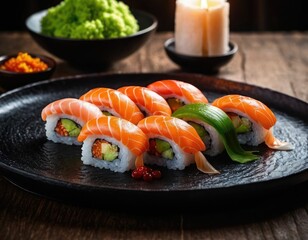 Nigiri sushi on a plate. A beautiful picture for advertising.