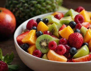 Salad with sliced sweet fruits and berries on a plate, bright attractive picture. Close-up.