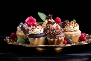 Macro view photography of an exquisite cupcakes on a slate plate against a velvet background. AI Generation