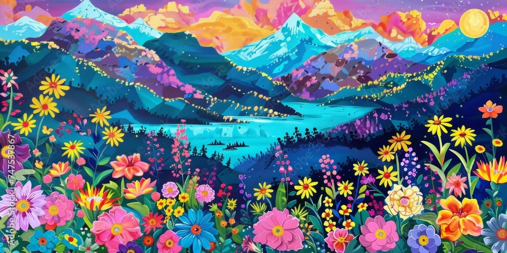 Poster a painting with mountains and flowers in the background in the style of colorful patchwork generativ