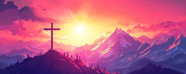 Cross and Crown of thorns on the mountain with sunset. Good friday background banner. Christian...
