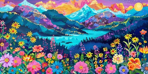Papier Peint photo Lavable Montagnes a painting with mountains and flowers in the background in the style of colorful patchwork Generative AI