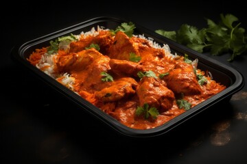 Fototapeta premium Conceptual close-up photography of a tempting chicken tikka masala on a plastic tray against a velvet background. AI Generation