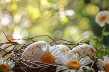 Obraz na płótnie Canvas Easter eggs delicately placed in a nest adorned with daisy flowers and a lit bokeh backdrop