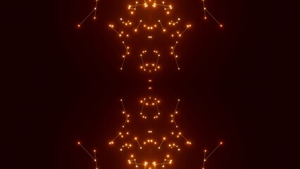 futuristische goldgelbe leuchtende synchrone Netzwerkverknüpfungen mit Knotenpunkten, Fraktal, Muster, Kreis, Links, Verbindungen, KI, Internet, Server, Plexuseffekt, System, FTTH, Daten, leuchten
