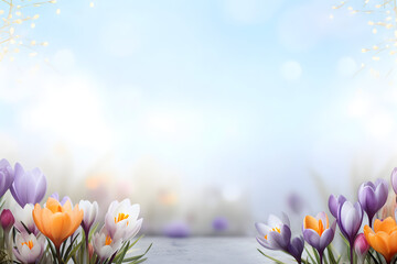 colorful crocuses. spring postcard in pale blue with a place for text - obrazy, fototapety, plakaty