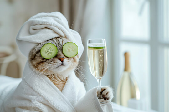 Cat relaxing in spa with cucumber slices on eyes holding a glass of champagne. Cute cat in a bathrobe and turban on spa treatments after bath. Pet grooming, domestic pets treatment