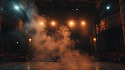The theater comes alive as beams of light slice through the fog - obrazy, fototapety, plakaty