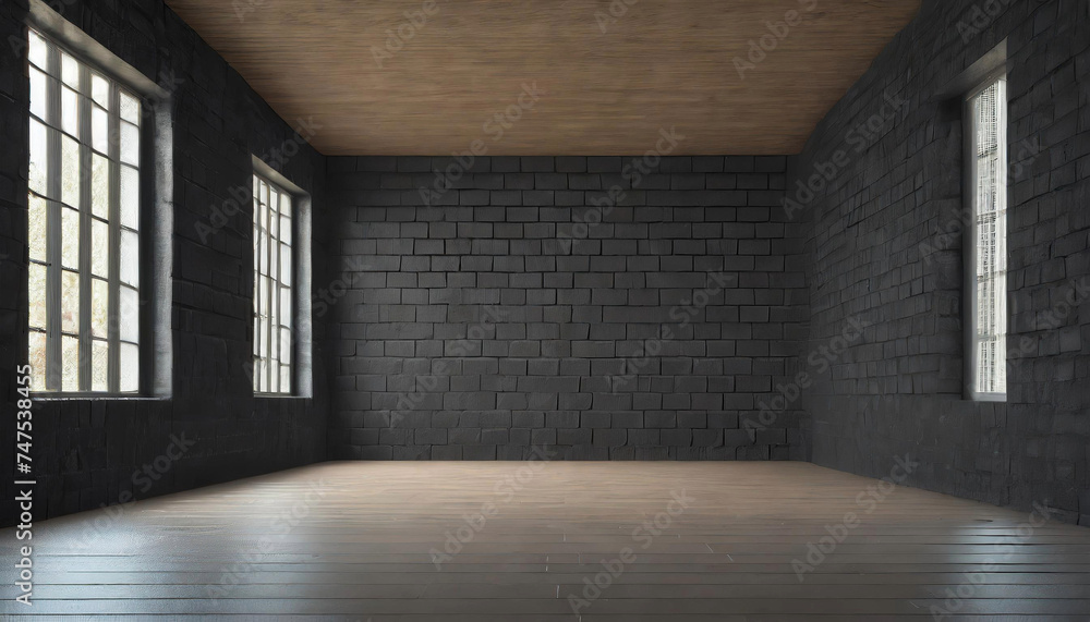 Poster step into an empty room with black walls and windows. it's a blank canvas for logo mockups or produc