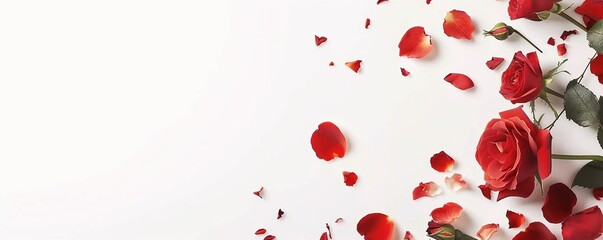 red roses flowers and petals isolated on white background. Valentine's day Floral frame composition. Empty copy text space.