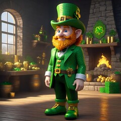 Cute Leprechaun Saint Patricks day irish cartoon clipart. Cute watercolor st.patrick gnome. 3dimension Leprechaun   - obrazy, fototapety, plakaty